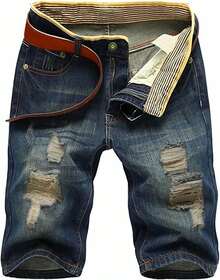 Men's Ripped Shorts & Jeans Summer Casual Classic Straight Distressed Ripped Short JeansA Valentine's Day XJS7 - Navy - 查看 1