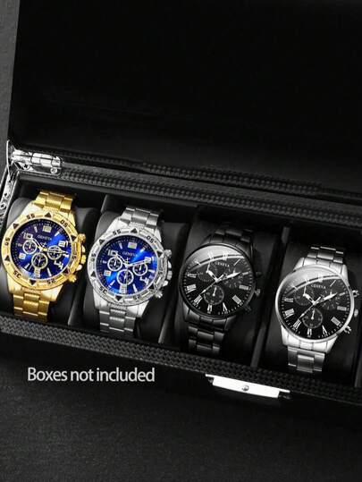 4pcs/Set,Men's Stainless Steel Quartz Watch Set, Round Dial, Zinc Alloy Case, Electronic Movement, Multifunctional Men's Watch For Business And Leisure, Suitable For Daily Wear, Business Or Vacation, A Gift For Boyfriend On Valentine's Day, Men's Male Quartz Wrist Watches Alloy Minimalist Luxury Vintage Elegant Jewelry Y2k Party Dress