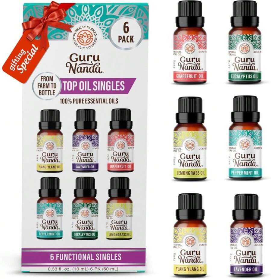 GuruNanda Essential Oils Set For Diffusers, 100% Pure, Aromatherapy, Massage, Candle &Amp; Soap Making Lavender, Peppermint, Eucalyptus, Grapefruit, Lemongrass, Ylang Ylang 033 Fl Oz (Pack Of 6) - MàuC - Xem 1