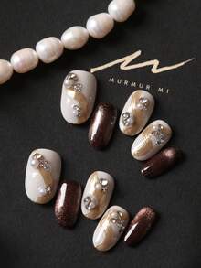 10pcs Acrylic Press On Nails Brown Nails Golden Line Pile Up Drill Short Nails Fake Nails Artificial Nails Kit Includes 1sheet Adhesive Tabs &1 Pc Mini File