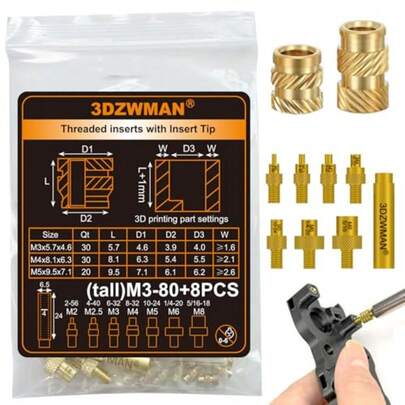M3 M4 M5 Threaded Inserts With M2-M8 Heat Set Insert ToolsBrass Metric Knurled Nuts For 3D Printing Components And Plastic Parts M3x5.7x4.6-30PCS M4x8.1x6.3-30PCS M5x9.5x7.1-20PCS