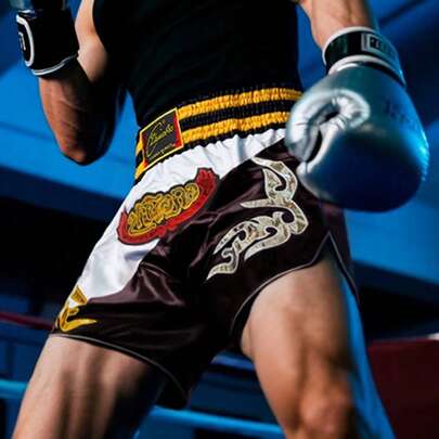 Embroidered Black & White Patchwork Boxing Shorts, Durable Polyester Fabric Suitable For Boxing Matches, MMA, Muay Thai, And Martial Arts Training