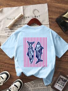 Tropical Print Pullover Short Sleeve T-Shirt, Comfortable & Fashionable Summer Top For Tween Girls - Baby Blue - View 5