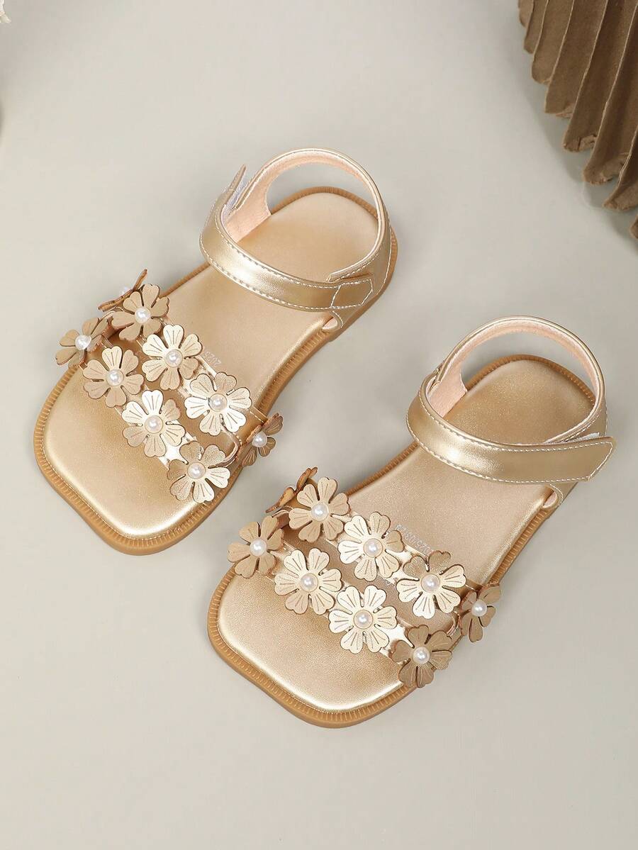 1 paire de sandales simples et classiques pour fillettes avec décoration de fleurs, perles et nœuds, style princesse. Chaussures plates pour enfants, adaptées pour le printemps/l'été/l'automne - Doré - Voir 1
