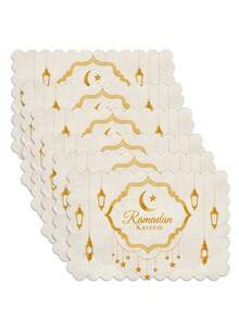 Set Of 1/4/6 Pieces, Ramadan Series, Eid Mubarak, 12*18 Inch Arched Patterned Frame With Star And Crescent Symbols, Hanging Multiple Golden Hollow Lanterns, Decorated With Golden Star Patterns, Festive Greeting Pattern Printed Polyester-Linen Placemats, Table Mats, Heat-Resistant Mats, Kitchen Decorative Mats, Western-Style Dining Table Mats, Table Decoration - Multicolor - View 9