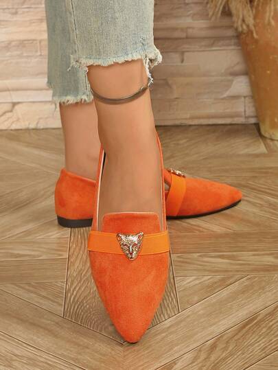 Women's Flat Pointed Toe Comfortable Fashion Shoes, Solid Color Basic Style, Slip-On Ballerina Shoes, Fashionable Animal Decor, Elastic Band. Suitable For Home, Commute, Work, Outdoor