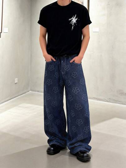 1 pieza de pantalones vaqueros holgados y de pierna ancha con tela de ganchillo floral, estilo retro estadounidense, unisex (sin cinturón ni accesorios incluidos), al estilo japonés y coreano.
