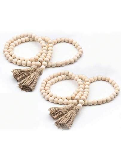 60-Inch Wood Bead Garland With Tassels, Rustic Prayer Beads, Boho Style Beads, Suitable For Farmhouse Tiered Trays, Coffee Tables, Fireplace Decor