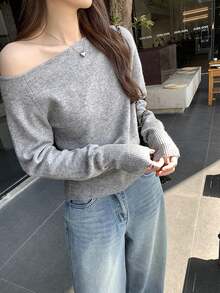 女士柔软不对称单肩针织毛衣，百搭修身款上衣，秋冬款 - 灰色 - 查看 1