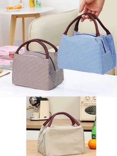 1pc Striped Lunch Bag, Lunch Tote, Insulated Bag, Oxford Cloth Waterproof Lunch Bag, Multifunctional Picnic Bag, Insulated School Lunch Bag, Handbag, Lunch Box. Versatile Carry Lunch Bag, Insulated Lunch Box Bag, Lunch Tote For Storing Food.