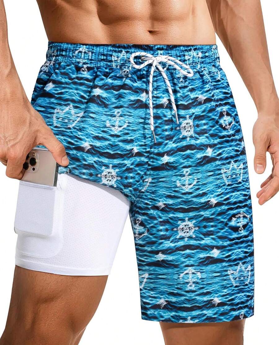 9inch Mens Swim Trunks: 2 In 1 With Compression Liner Stretch Quick Dry Drawstring Shark Pockets Beach Pool VacationA Valentine's Day HVGG - Wave Print - View 1