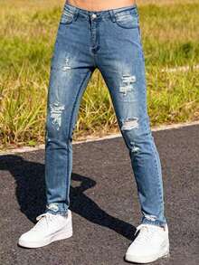 Men's Distressed Denim Jeans | Faded Light Blue Slim Tapered Pants | Ripped Details On Knees And Thighs, Raw Edge Finish | Year-Round Wear, Hand Or Machine Washable | Versatile Everyday Pants For Casual Outfits, Matches With White Tees And Simple Shoes - 中等水洗藍 - 查看 5