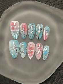 Ten Pink Heart-Shaped Handmade Nail Art, Elegant Style, Handmade False Nails, Luxurious And High-End Style, Medium Almond-Shaped Press-On False Nails, Spring False Nails, Reusable False Nails, A Gift For Women, Nail Art, Suitable For Girls Or Ladies To Wear To Parties Or Everyday Wear. Nail Supplies Handmade Press On Nails - Multicolor - View 3