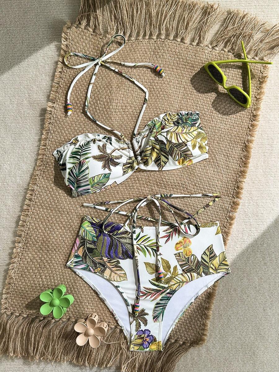 Conjunto de biquíni feminino de duas peças com estampa tropical, elegante e casual, com detalhes coloridos em miçangas, ideal para praia, formatura ou férias. - Multicolorido - Ver 1