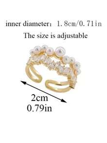 1枚奢华精致小众高端铜质全钻仿珍珠戒指，适合年轻女孩、情人节、日常佩戴、节日佩戴。