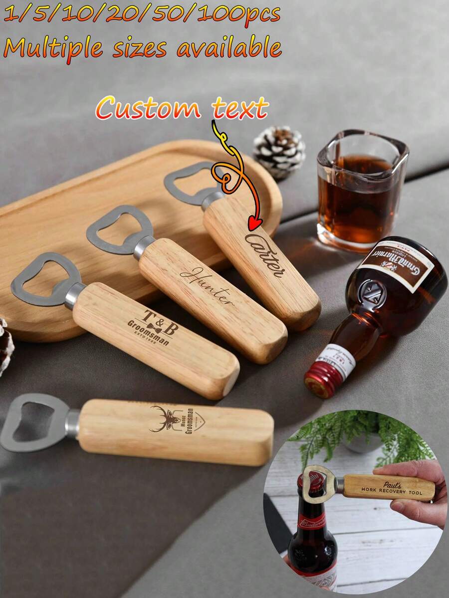 1/5/10/20/50/80/100pcs Customized Text/Logo Wooden Bottle Opener, Bulk Wedding Guest Favors, Personalized Groomsmen Gifts, Party Favors, Business Promotional Items, Father's Day Gifts, Halloween, Christmas Gifts, Beer Bottle Opener, Personalized Wooden Handle Bottle Opener Birthday Gift, Kitchen Gadget - Apricot - View 1