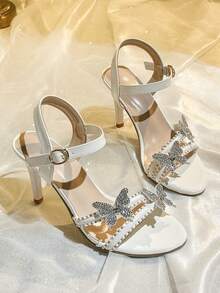 Women's Elegant French Stiletto Heel Sandals Round Toe Rhinestone Embellished 3D Floral Dress Sandals For Party Dating - White - View 2