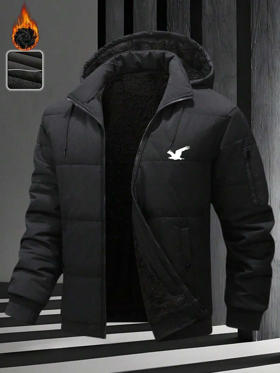 Men's Outdoor Casual Sports Fashion Multi-Pocket Detachable Hooded Thick Thermal Lined Jacket, Suitable As Gift For Boyfriend, Husband, Father, Autumn/Winter - Black - View 1
