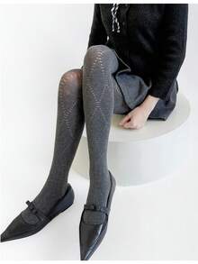 1双女士保暖过膝袜，休闲百搭灰色打底裤，日本JK菱形网眼加厚过膝袜，适合秋冬季穿着 - 灰色 - 查看 3