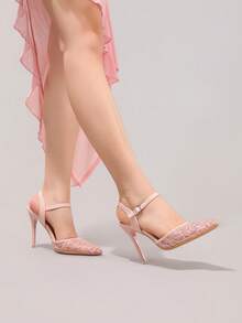 时尚蕾丝刺绣高跟鞋，性感尖头晚宴派对鞋，超高跟踝带鞋，细高跟，粉色女士凉鞋 - 粉色 - 查看 7