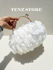 White Petal Handbag, Chiffon Ruffle Floral Decor, Gold Handle And Chain Strap, Fits ProMax Phone, Suitable For Bride, Wedding, Prom, Graduation, Cocktail Party, Formal Dinner, Spring Gala And Holiday Party - White - View 8