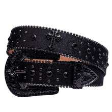Men's Rhinestone Leather Belt, Women's Fashion Western Cowgirl Punk Rhinestone Decor Leather Belt With Rhinestone Design, For Jeans, Street, Sexy Party, Retro, PU Leather Summer, School Fall, Autumn, Halloween - 黑色 - 查看 1