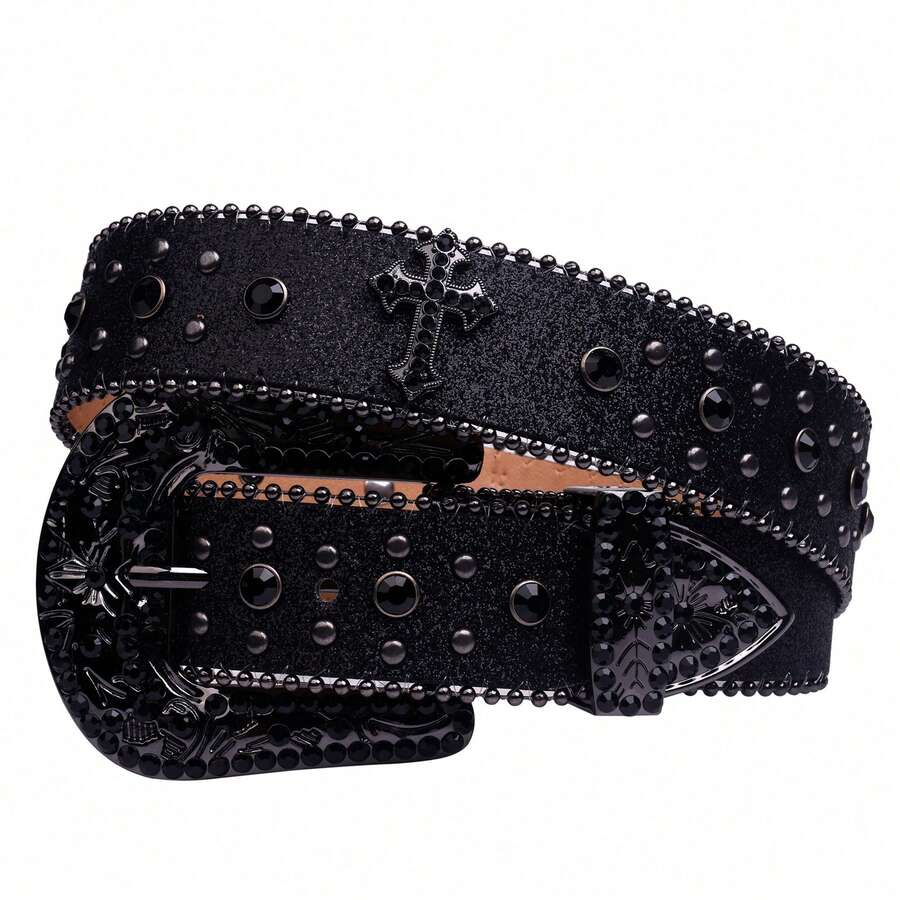 Men's Rhinestone Leather Belt, Women's Fashion Western Cowgirl Punk Rhinestone Decor Leather Belt With Rhinestone Design, For Jeans, Street, Sexy Party, Retro, PU Leather Summer, School Fall, Autumn, Halloween - 黑色 - 查看 1