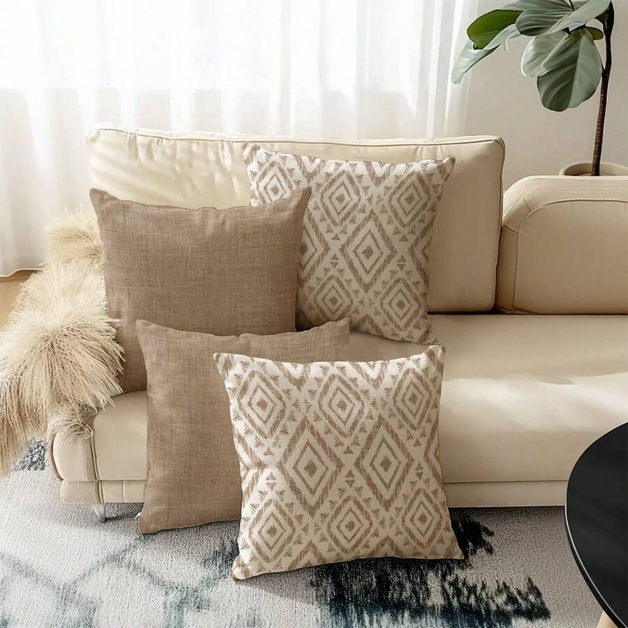 4pcs Modern Geometric Pattern Pillow Covers, Decorative Geometric Line Throw Pillow Cases, Vintage Linen Material, Hidden Zipper Closure, Machine Washable, Minimalist Stylish Line Design, Suitable For Home Decor, Sofa, Living Room, Bedroom, Car, Outdoor Cushion Covers, No Pillow Insert - Beige - View 1