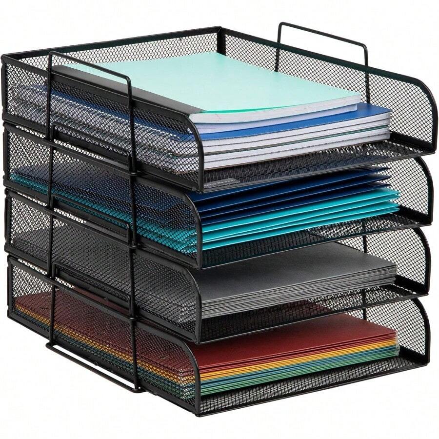 Betesh Mind Reader Stackable Paper Tray Desktop Organizer File Storage Office Metal Mesh 10.5" L x13.5 W x11.25 H 4 Pcs. Black - Negro - Ver 1