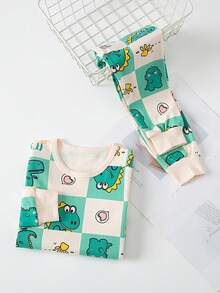 2pcs/Set Young BoyCartoon Dinosaur & Geometric Print Homewear Set, Boys' Pajamas, Children Cotton Crew Neck Comfortable Underwear, Autumn - Green - View 13
