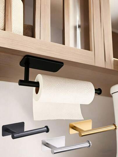 1 st svart & silver pappershanddukshållare, självhäftande väggfäste, enkel installation, lämplig för kök, skåp, badrum, skafferi, handfat, balkong, toalett, även för förvaring i plastfolie/plastfolie