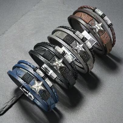 1pc European & American Style Simple Wrapped Five-Pointed Star Handmade Braided Multi-Layer Leather Men's Bracelet