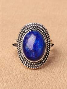 1 chiếc nhẫn hợp kim mạ bạc kiểu cổ điển đính đá giả Lapis Lazuli, nhẫn đá giả đơn thời trang dành cho nữ. - lưu ly - Xem 18