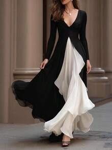 Vestido de mujer estilo occidental nuevo, manga larga de cuello V, ajustado y cintura ceñida, falda amplia de combinación de blanco y negro estilo francés - Blanco y Negro - Ver 6