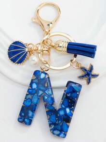 1PC Boho Nautical 26-Letter Resin Keychain - Blue & Golden Initial Pendant With Starfish/Shell/Tassel Charms, Fashionable Key Ring & Couple Bag/Backpack/Beach Bag Charm, Ideal Holiday Gift For Valentine's Day/Birthdays/Parties - Royal Blue - View 5
