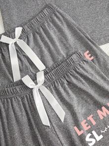 LET ME SLEEP Letter Print Sleepwear Women's Lightweight Breathable Three-Piece Set: Short Sleeve T-Shirt + Shorts + Pants Home Casual Sleepwear Set - 黑色 - 查看 9