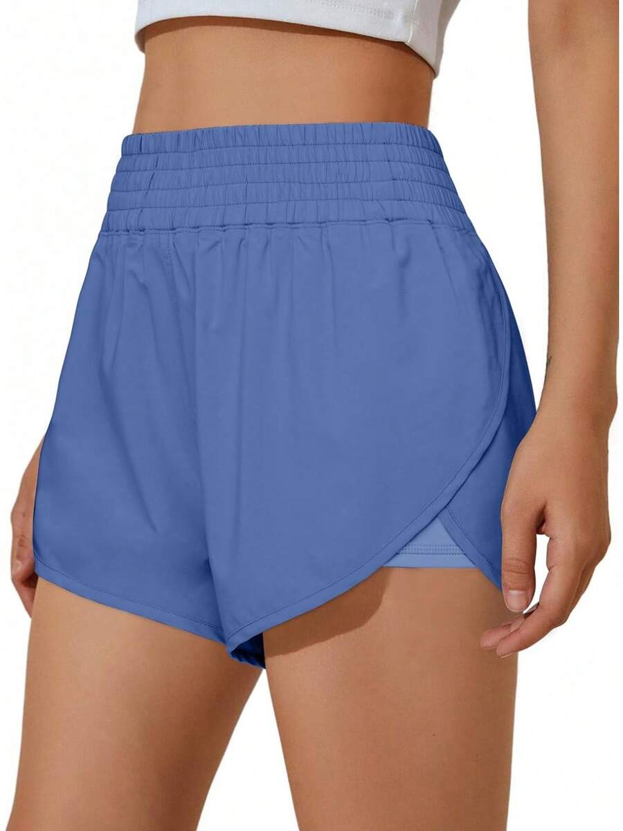 Pantalones cortos deportivos para mujer de cintura alta con bolsillos laterales, pantalones cortos de gimnasio con abertura lateral 2 en 1 - Azul54 - Ver 1
