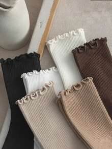 6/3/1 Pair Japanese Style Frill Edge Mid-Calf Socks, Maillard Color Palette Lolita Style Versatile Slouch Socks, Women's Soft Girl Style Ruffle Edge Breathable Socks, Daily JK Dress Matching Spring/Autumn Socks - Type a - View 3