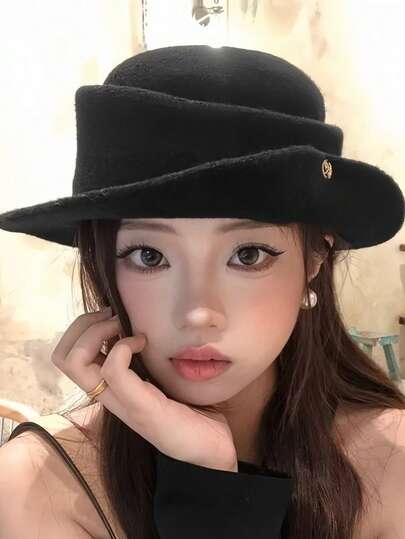 Elegante sombrero de lana negra con forma de campana, sombrero de cubo con ala rizada vintage, esencial para otoño/invierno