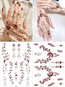 وشمات مؤقتة بنمط القمر والزهرة باللون البرغندي 2 قطعة - وشم فن الجسم من تصميم مانهايتي، مناسب للحفلات والمهرجانات - الأحمر - مشاهدة 7