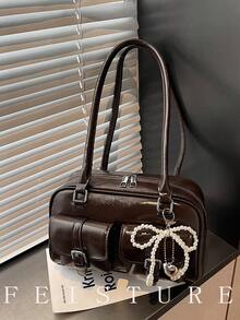 女士纯色PU多口袋保龄球包，单肩/腋下两用，饰有珍珠蝴蝶结，适合购物、约会、作为女士礼物，也适合青少年女孩、大学生、初学者和白领，是办公室、校园、工作和通勤的理想之选。 - 咖啡 - 查看 3