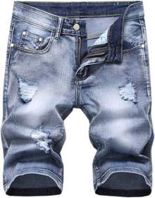 Men's Ripped Shorts & Jeans Summer Casual Classic Straight Distressed Ripped Short JeansA Valentine's Day XJS7 - 302#淺藍色 - 查看 7