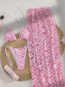 2026 女士夏季沙滩泳装套装 随机印花 细肩带性感比基尼 夏季套装 优雅情人节沙滩度假嘉年华休闲时尚夏季套装 夏季假日套装 春季女士情人节套装 嘉年华三件套 - 彩色 - 查看 3