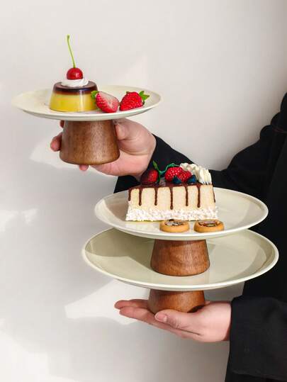 1pc Creative High-Quality Minimalist Wooden Pedestal Tray, Living Room Coffee Table Snack Plate, Stainless Steel Fruit Plate, Dessert Cake Plate, Entryway Decor Trinket Tray