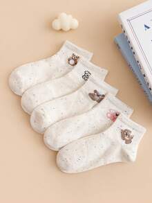 5双装女士波点网眼可爱卡通动物印花休闲短袜，米色，适合春夏穿着