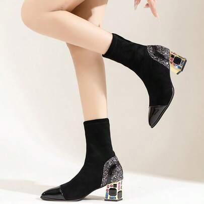 Women's Autumn/Winter New Elastic Boots, Mid-Calf High Heel Boots, Chunky Heel, Pointed Toe, Slimming, Fashion, Rhinestone Decor, Mid-Calf Socks, Boots, Formal Office, Wedding