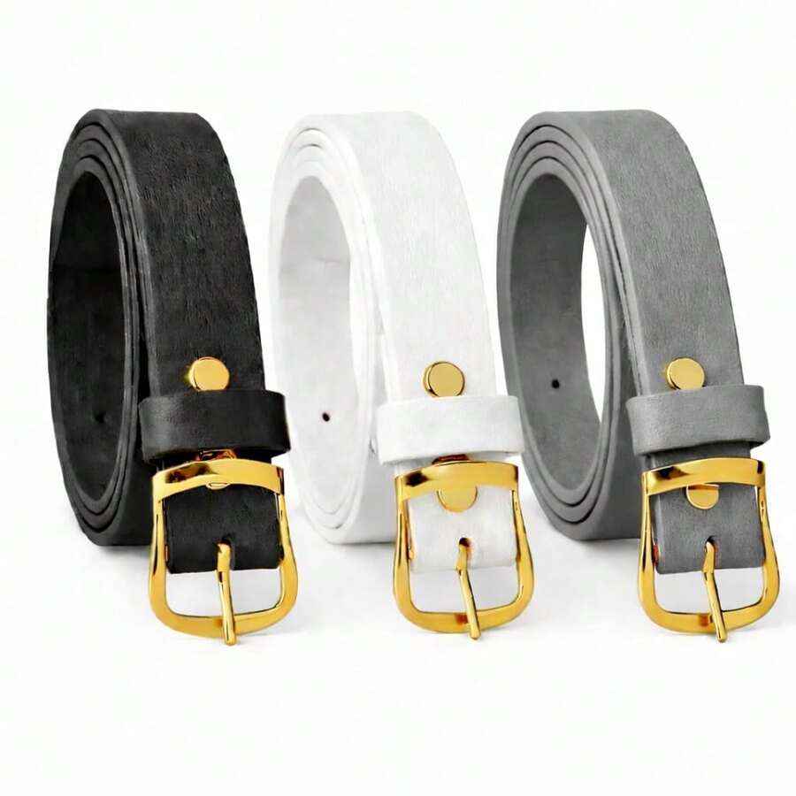 Kit 3 Cintos Feminino fivela dourado da moda 2cm largura - preto, branco, cinza - Visão 1