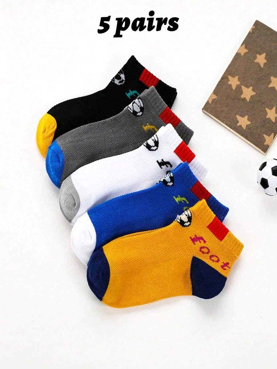 5 Pairs Cartoon Football Pattern Kids' Breathable Moisture-Wicking Sports Ankle Socks, Boys & Girls, Spring/Summer - Multicolor - View 1