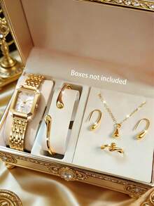 6pcs Teenage Watch Set - Gold Strap, Stainless Steel Dial Design Quartz Watch With Necklace, Bracelet, Ring, Earrings, Best Birthday Gift For Her, Suitable For Daily Wear, Parties, Halloween, Christmas