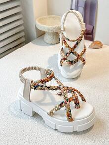 Sandalias de plataforma tejidas con estampado arcoíris y correa de tobillo ajustable - Multicolor - Ver 3